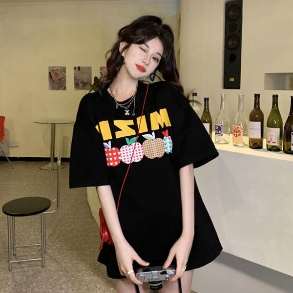 (合身版型)M~2XL春夏款韓系花式蘋果短袖上衣/純棉T-shirt(2色選)-日秀衣韓館