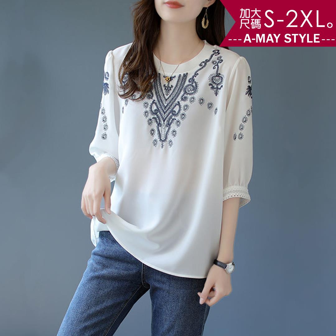 加大碼上衣-優雅圓領刺繡文藝感雪紡衫(S-2XL)【XAL280146】＊艾美時尚(現 預)