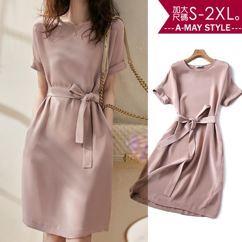 加大碼連身裙-氣質收腰顯瘦短袖洋裝(S-2XL)【XAL801044】＊艾美時尚(現 預)