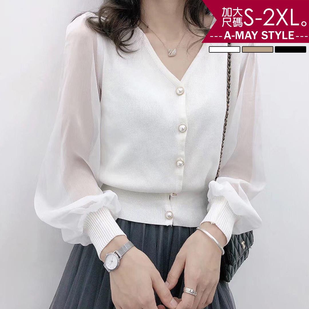 加大碼上衣-優雅V領開扣雪紡拼接針織衫(S-2XL)【XC199930】＊艾美時尚(現 預)