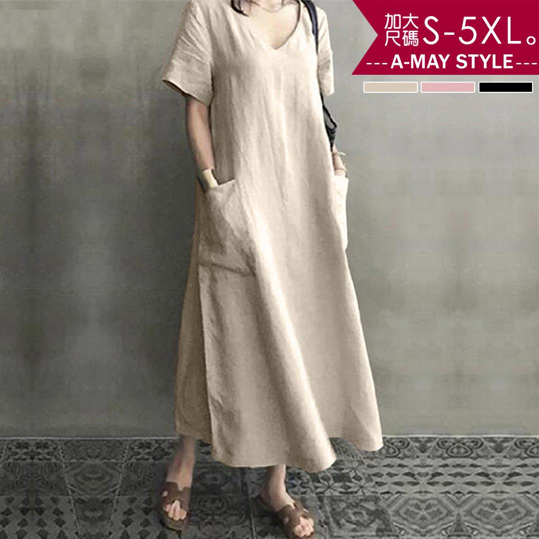 加大碼連身裙-棉麻V領寬鬆大口袋洋裝(S-5XL)【XAN124926】＊艾美時尚(現 預)