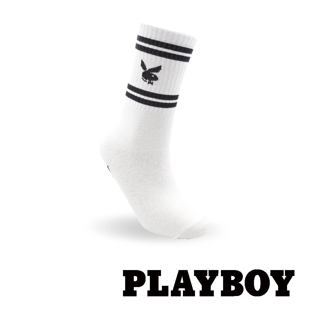 【襪款任選4雙$395 、9雙$750】 PLAYBOY 條紋時尚女高筒休閒襪-白黑(BD5921)