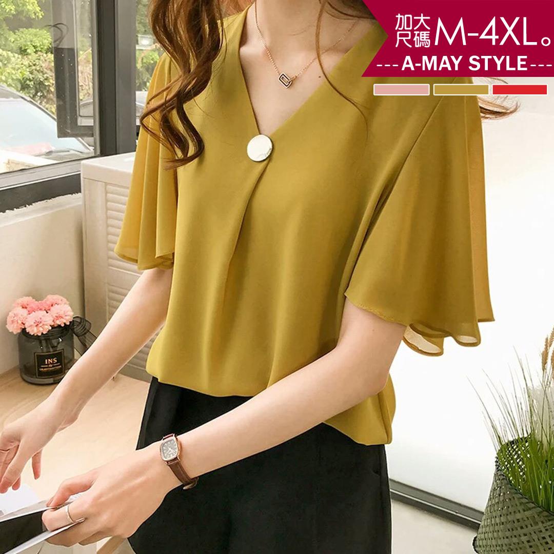 加大碼上衣-V領圓釦顯瘦飄逸寬袖雪紡衫(M-4XL)【XAN160617】＊艾美時尚(現 預)