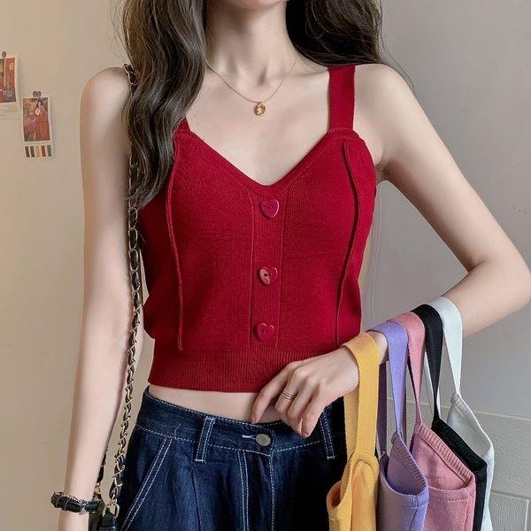 韓版心型扣吊帶背心女 夏季時尚針織網紅洋氣美背內搭短版上衣(6色)-凱西娃娃