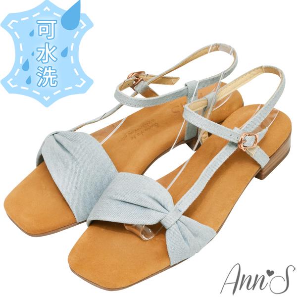 Ann’S水洗牛皮-氣質蝴蝶結繫帶木紋跟方頭涼鞋-牛仔藍