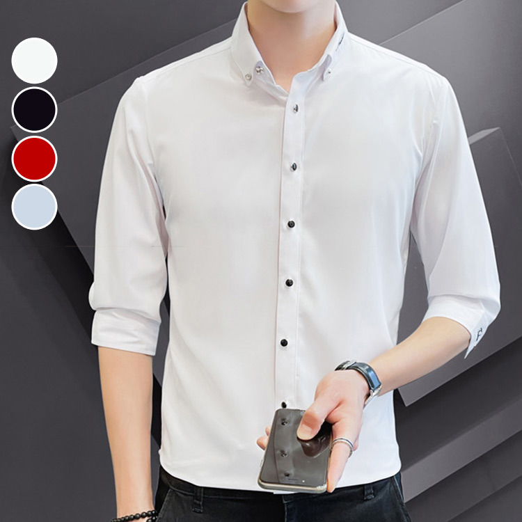 男襯衫 精緻領口電繡韓版職人中大尺碼七分袖長襯(4色) 現 預【NZ770008】