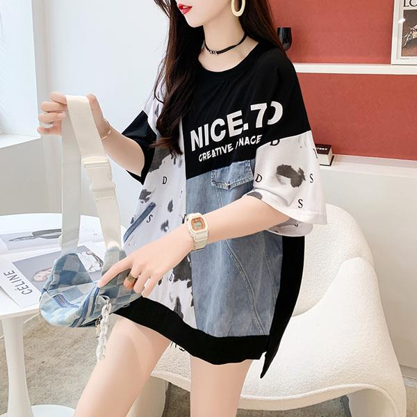 (中大尺碼)M~2XL春夏特色款NICE.7牛仔拼接短袖上衣/前短後長T-shirt(2色選)-日秀衣韓館