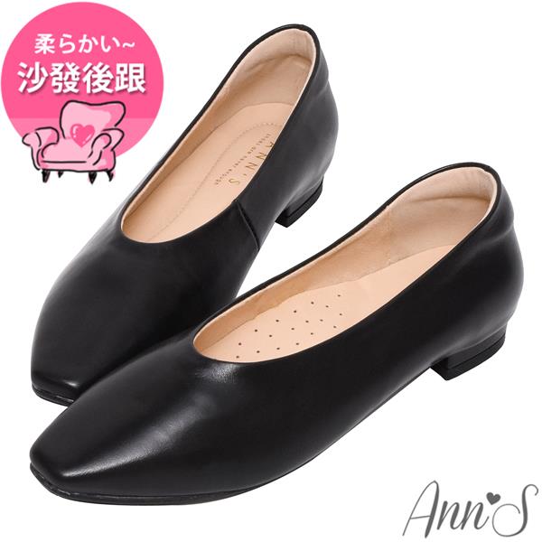 Ann’S奶奶鞋-超軟牛油皮小方頭深口平底鞋-黑