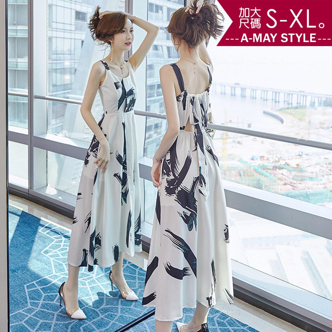 加大碼連身裙-水墨印花露背綁帶渡假風吊帶洋裝(S-XL)【XFU2022S65】＊艾美時尚(現+預)