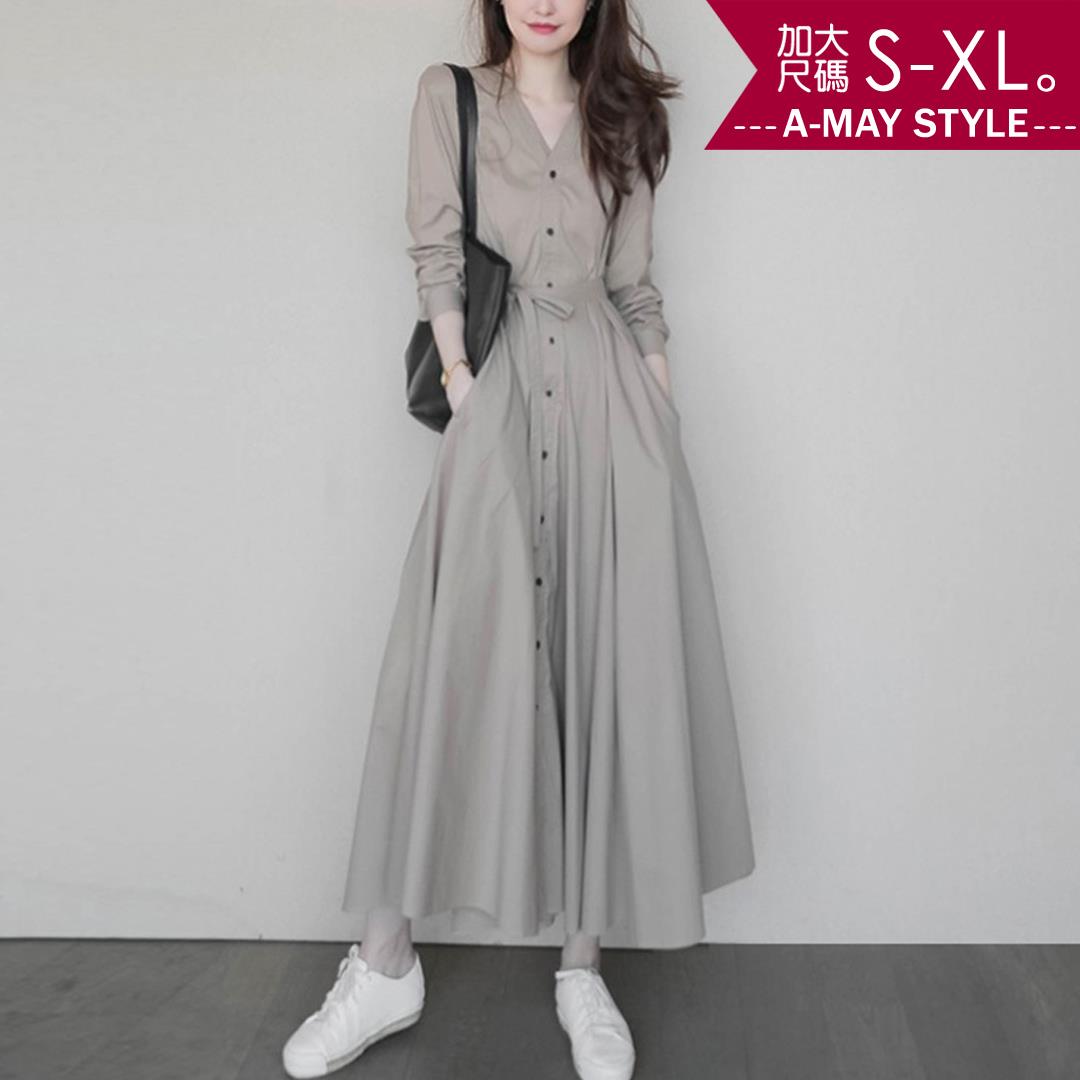 加大碼連身裙-V領復古顯瘦排扣收腰洋裝(S-XL)【XFU2022S56】＊艾美時尚(現+預)