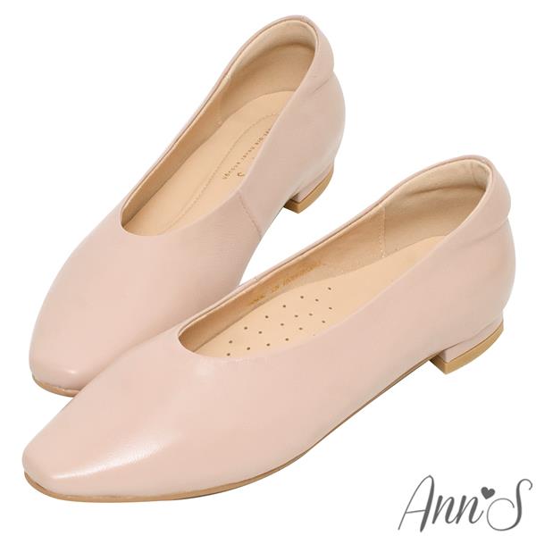 Ann’S奶奶鞋-超軟牛油皮小方頭深口平底鞋-粉