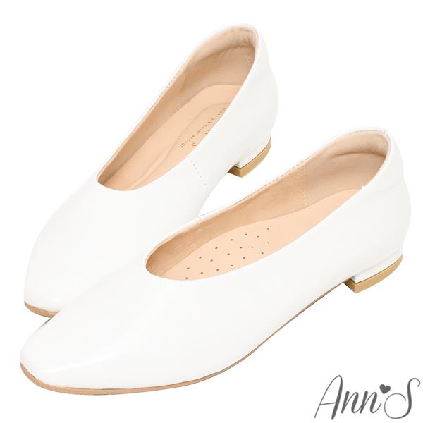 Ann’S奶奶鞋-超軟牛油皮小方頭深口平底鞋-白