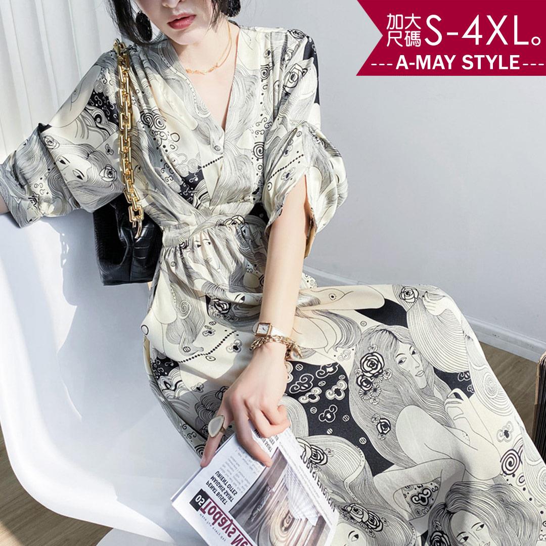 加大碼連身裙-氣質女神V領插畫風雪紡洋裝(S-4XL)【XFU2020S60】＊艾美時尚(現 預)