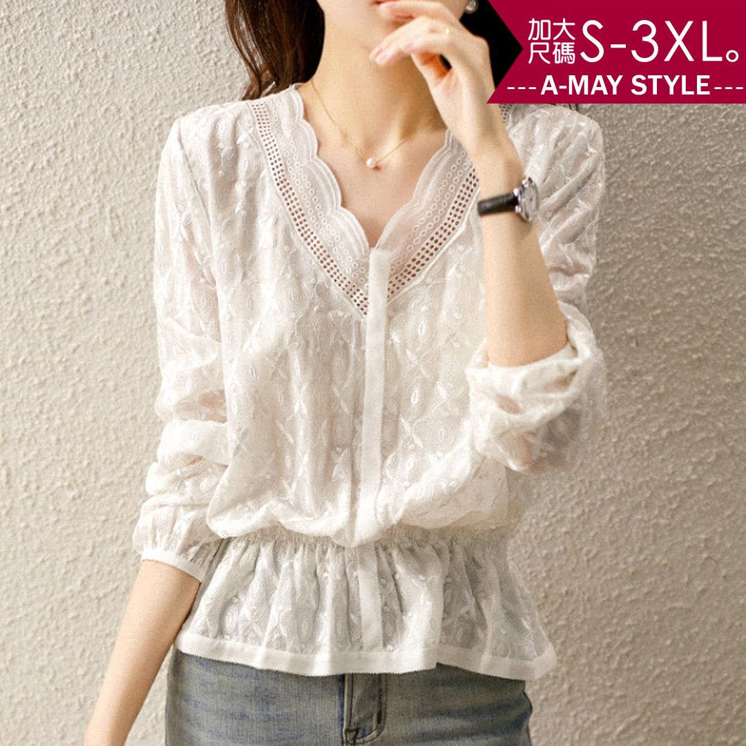 加大碼上衣-氣質V領蝴蝶綉花收腰蕾絲衫(S-3XL)【XMSA1942】＊艾美時尚(現 預)