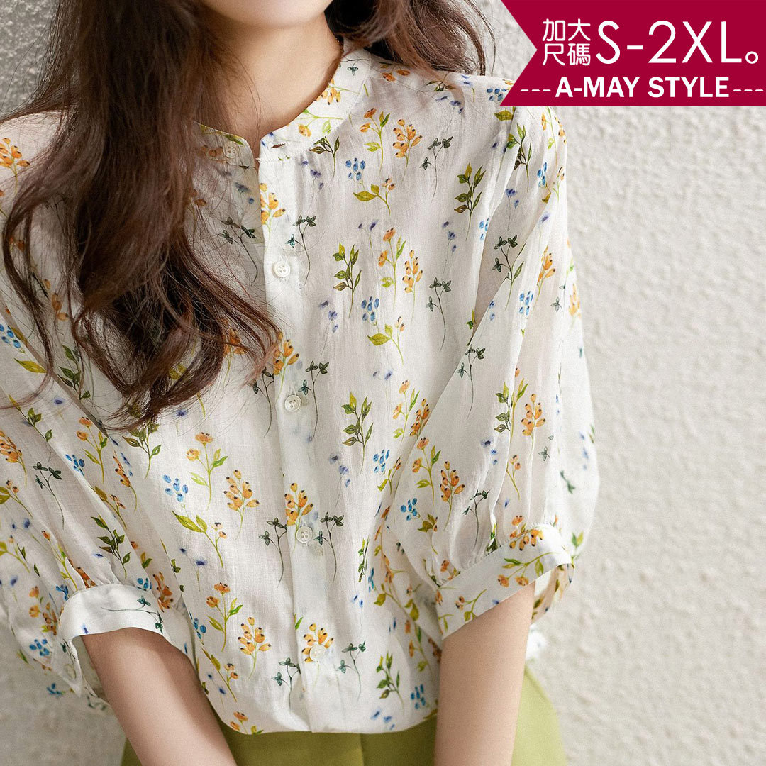 現貨 加大碼上衣-清新圓領澎袖印花襯衫(S-2XL)【XAL1208739】＊艾美時尚