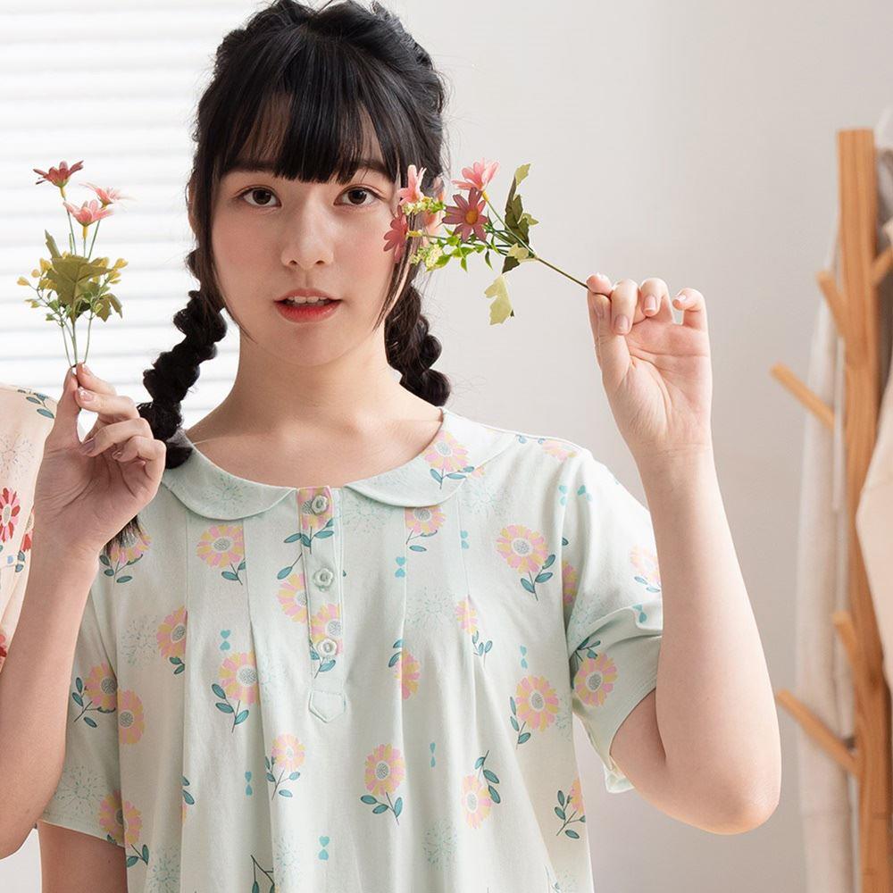 華歌爾睡衣-仕女系列 M-L純棉針織印花短袖半開襟七分褲裝(嫩芽綠) LWZ87721GR