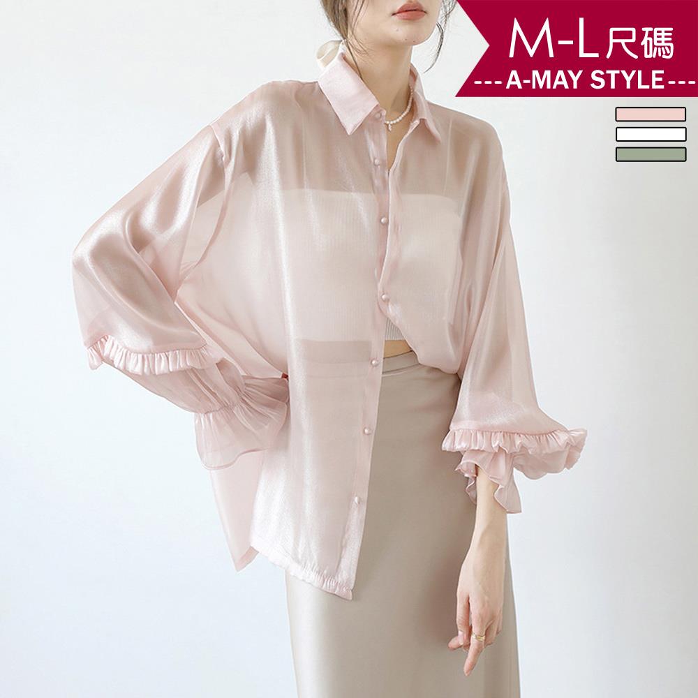 上衣-仙氣珠光透膚泡泡袖襯衫【XAM754440】＊艾美時尚(現 預)