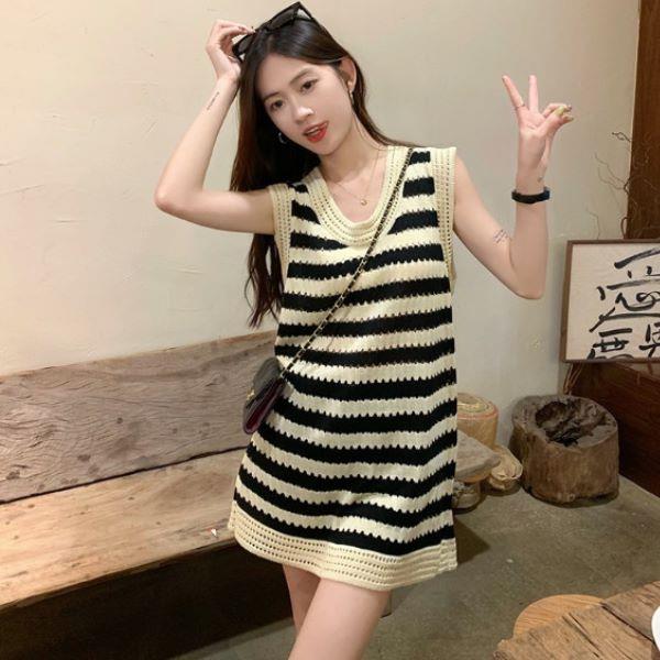 韓版甜美條紋純欲風無袖連身裙女 辣妹背心裙高級感針織裙子小個子無袖洋裝-凱西娃娃