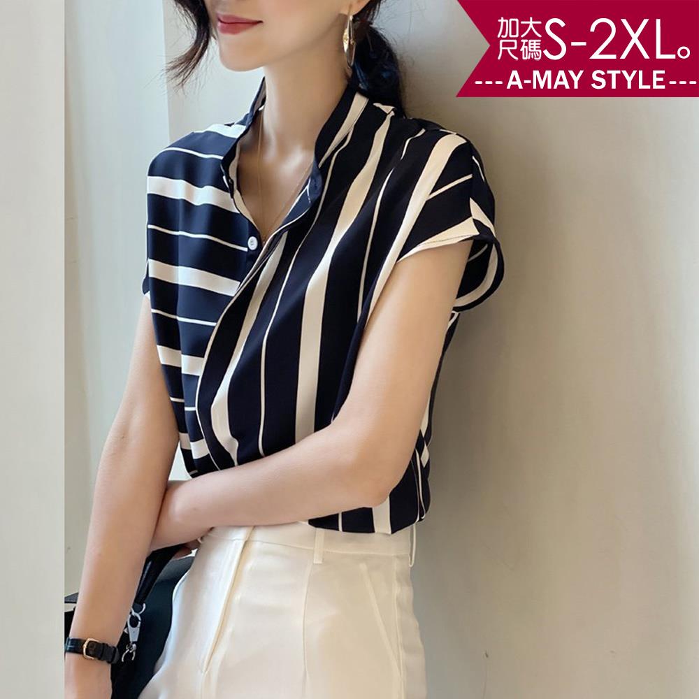 加大碼上衣-設計感不對稱條紋雪紡衫(S-2XL)【XAM966338-1】＊艾美時尚(現 預)