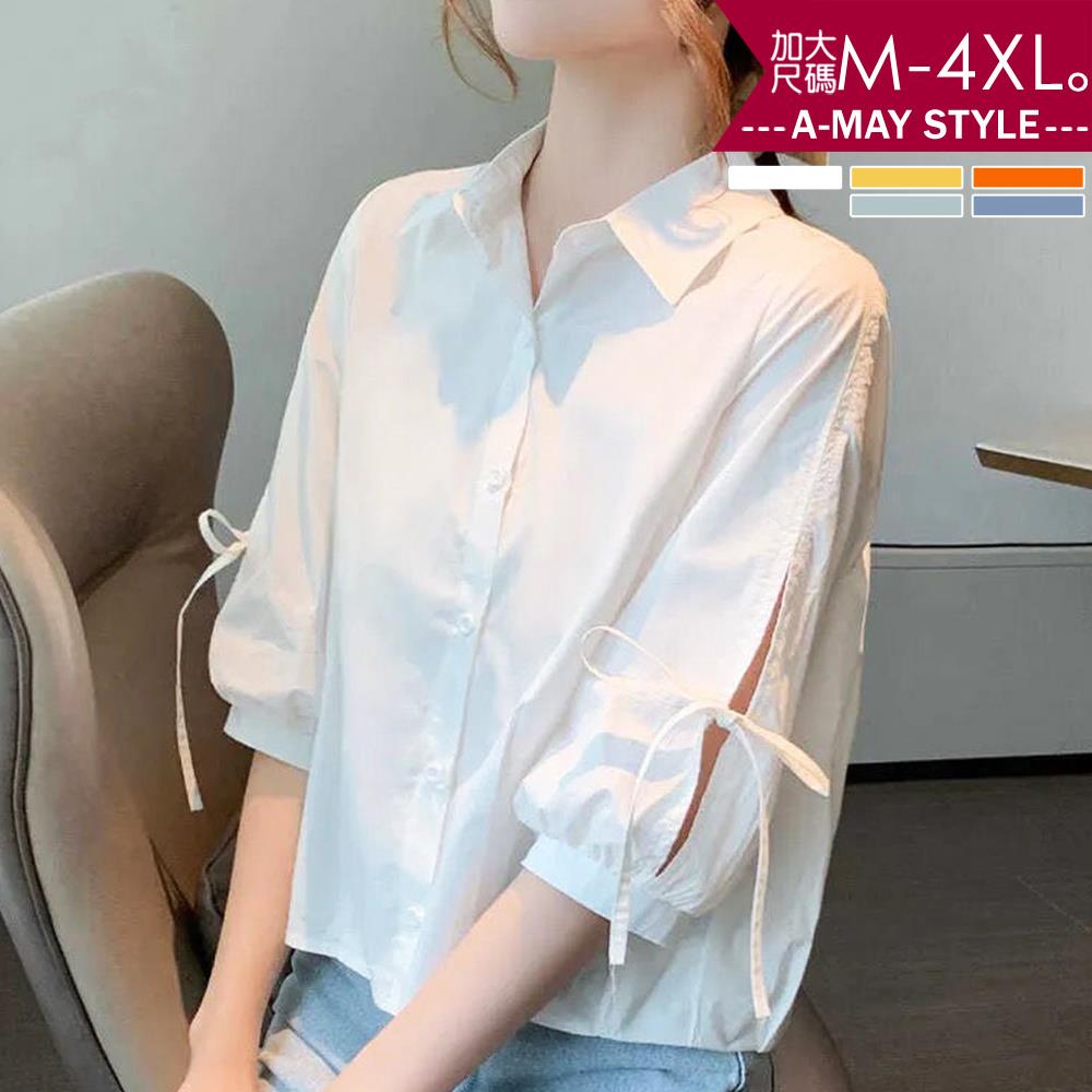 加大碼上衣-簡約五分袖朵結燈籠袖襯衫(M-4XL)【XSU12728】＊艾美時尚(現 預)