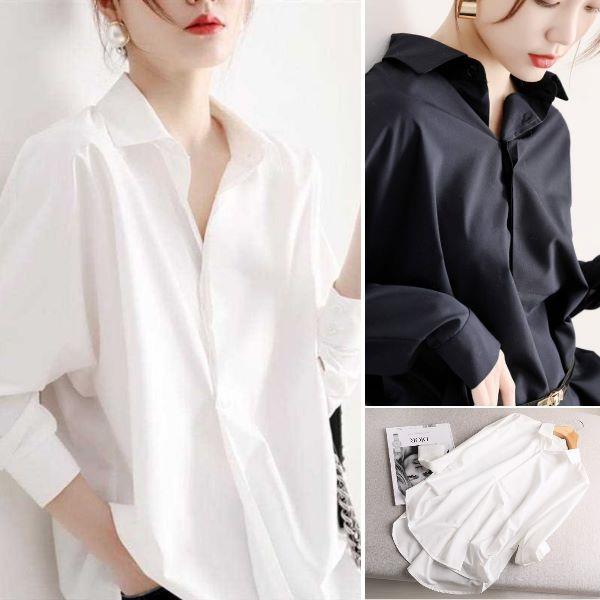 M-2XL韓版時尚黑白色襯衫女 個性休閒寬鬆洋氣長袖上衣(2色)中大尺碼-凱西娃娃