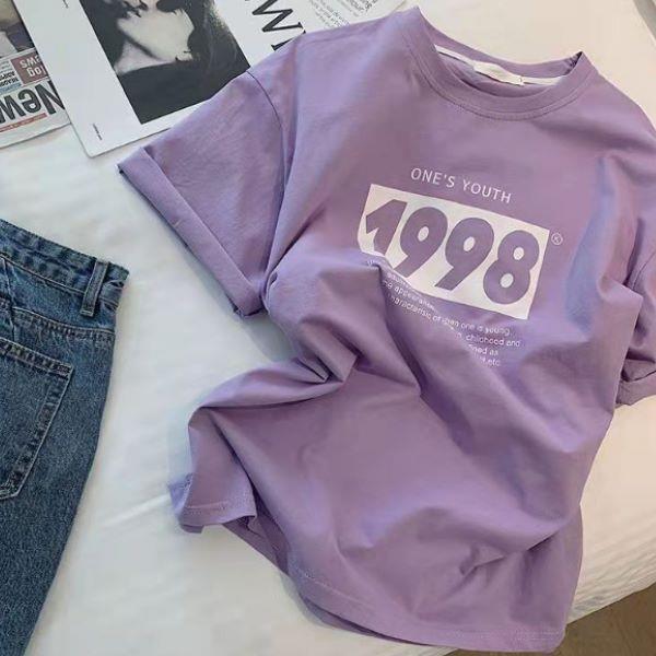 M-2XL韓版美式復古1998印花短袖T恤女 休閒寬鬆百搭上衣潮(4色)中大尺碼-凱西娃娃