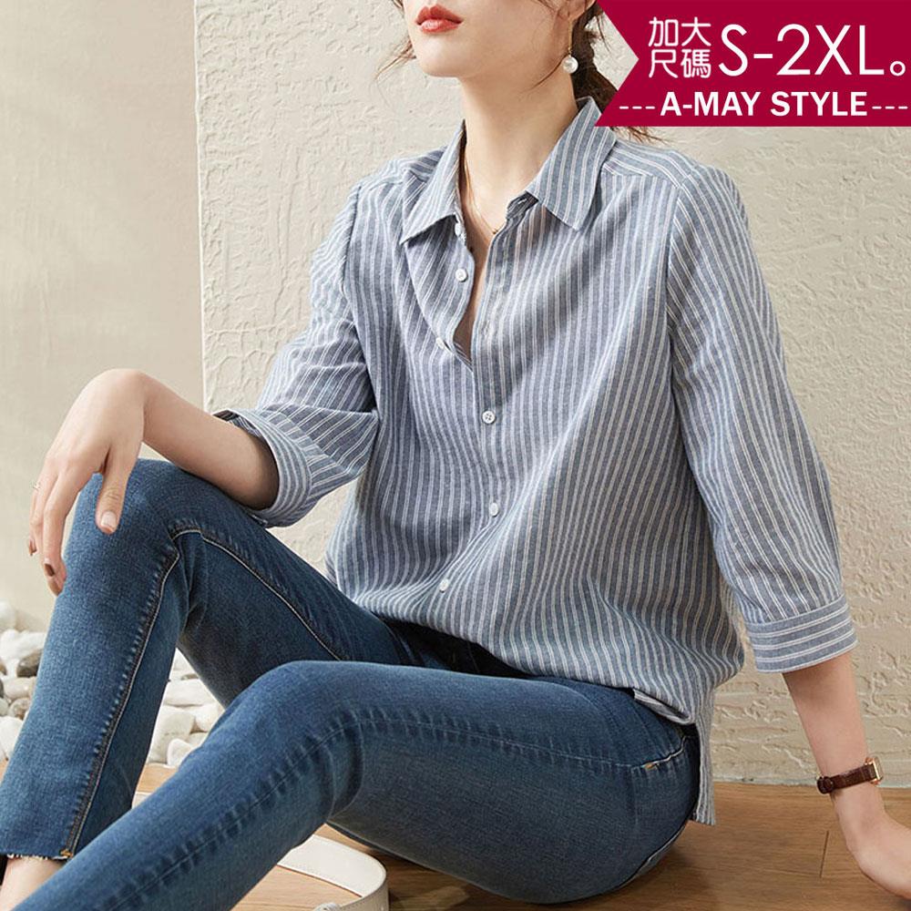 加大碼上衣-韓系休閒七分袖條紋襯衫(S-2XL)【XAM966435】＊艾美時尚(現 預)