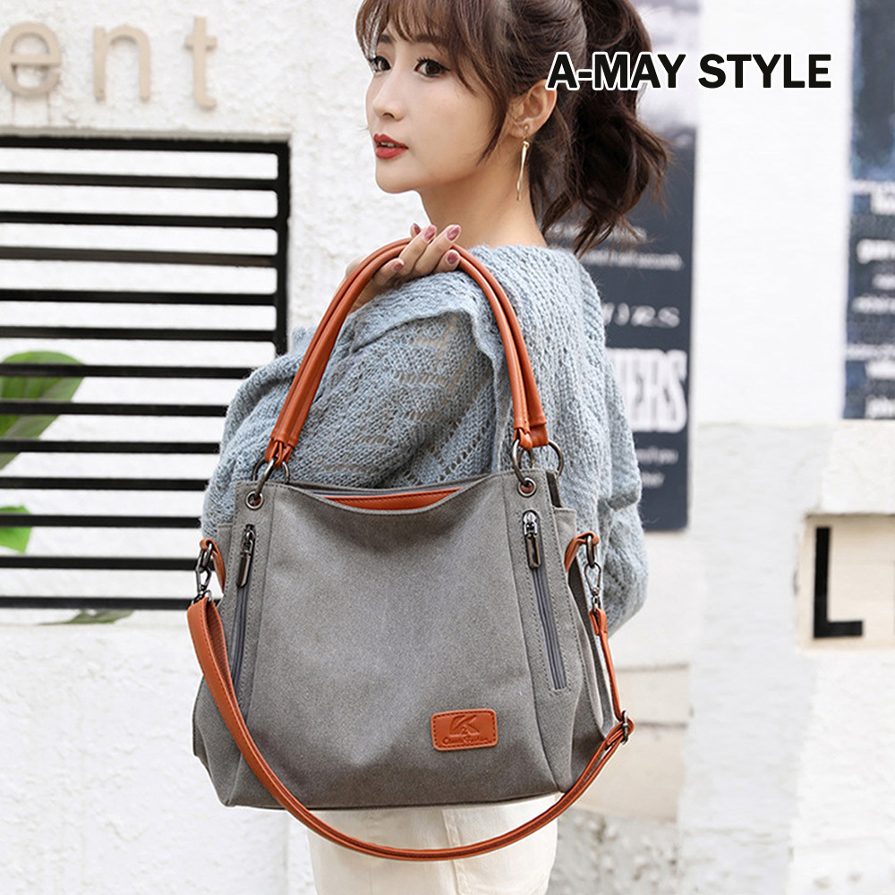 側背包 托特包 簡約帆布大容量手提肩背包【XKV198338】＊艾美時尚(現 預)