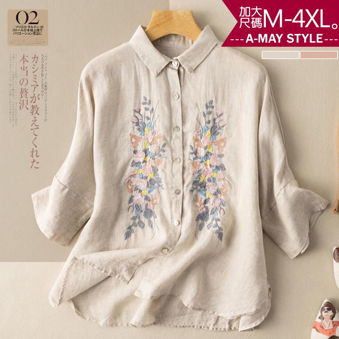 加大碼上衣-刺繡設計感七分袖棉麻衫(M-4XL)【XC399254】＊艾美時尚(現+預)