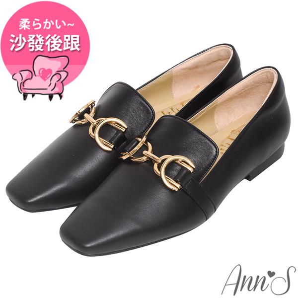 Ann’S超柔軟綿羊皮-精品古銅金扣顯瘦小方頭平底鞋-黑