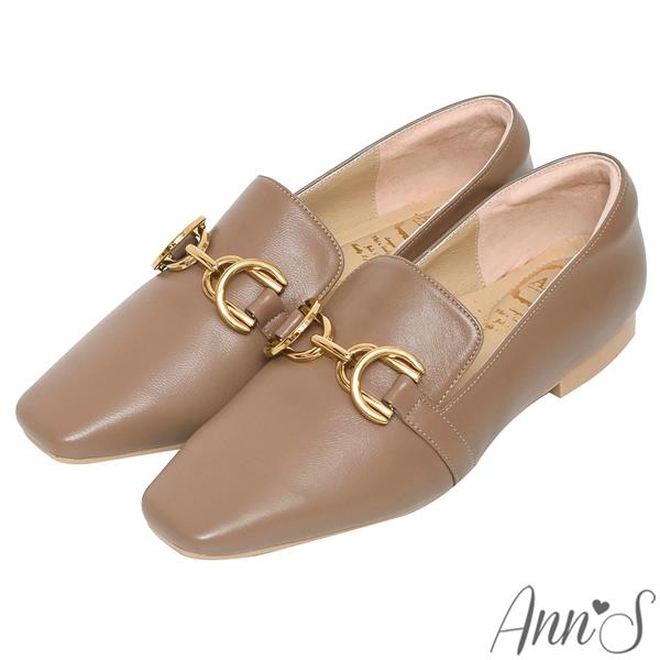 Ann’S超柔軟綿羊皮-精品古銅金扣顯瘦小方頭平底鞋-棕
