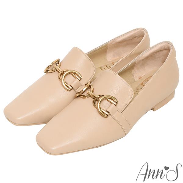 Ann’S超柔軟綿羊皮-精品古銅金扣顯瘦小方頭平底鞋-杏