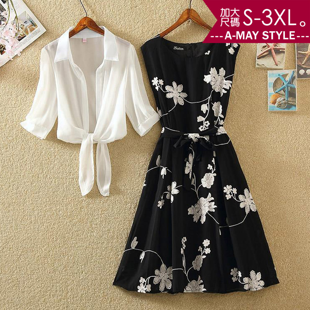加大碼連身裙-復古印花顯瘦洋裝罩衫套裝(S-3XL)【XSU22A44】＊艾美時尚(現 預)