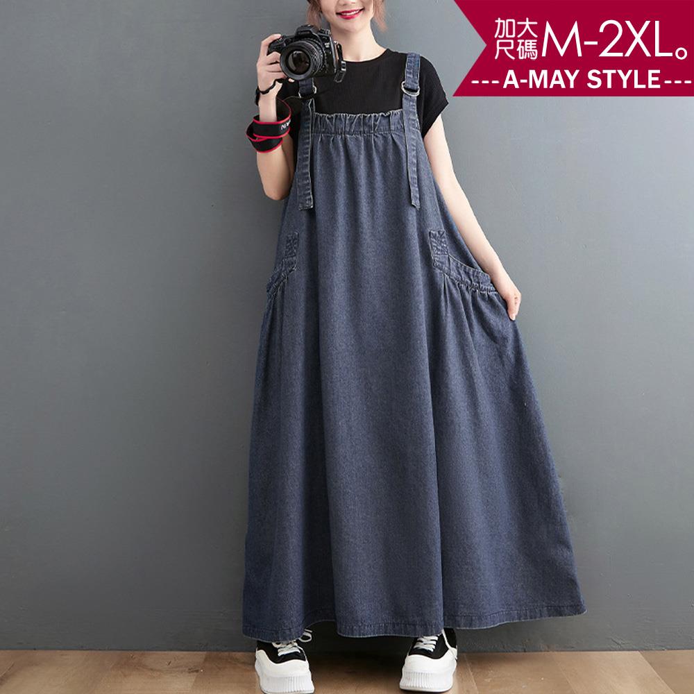加大碼連身裙-休閒寬鬆裙襬牛仔吊帶裙(M-2XL)【XML22S61】＊艾美時尚(現 預)