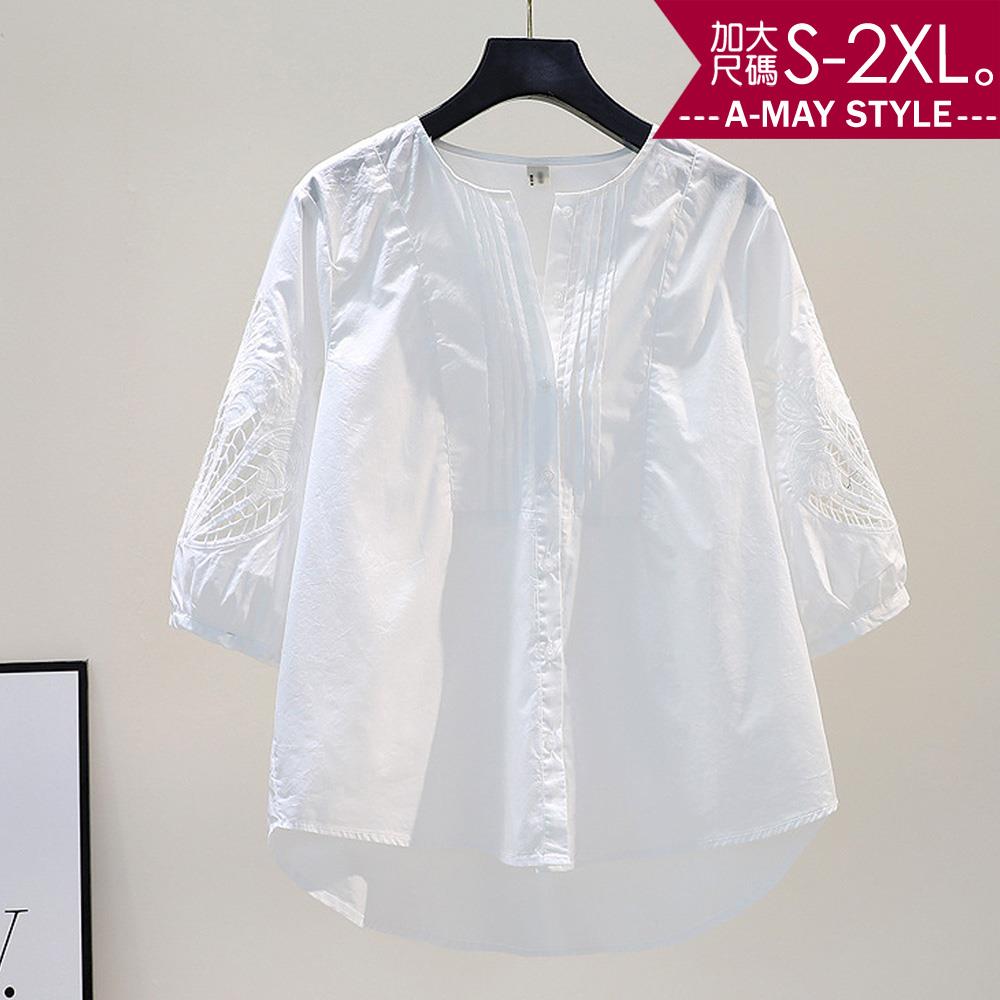 加大碼 V領鏤空繡花寬鬆七分袖上衣(S-2XL)【XSU618632】＊艾美時尚(現 預)
