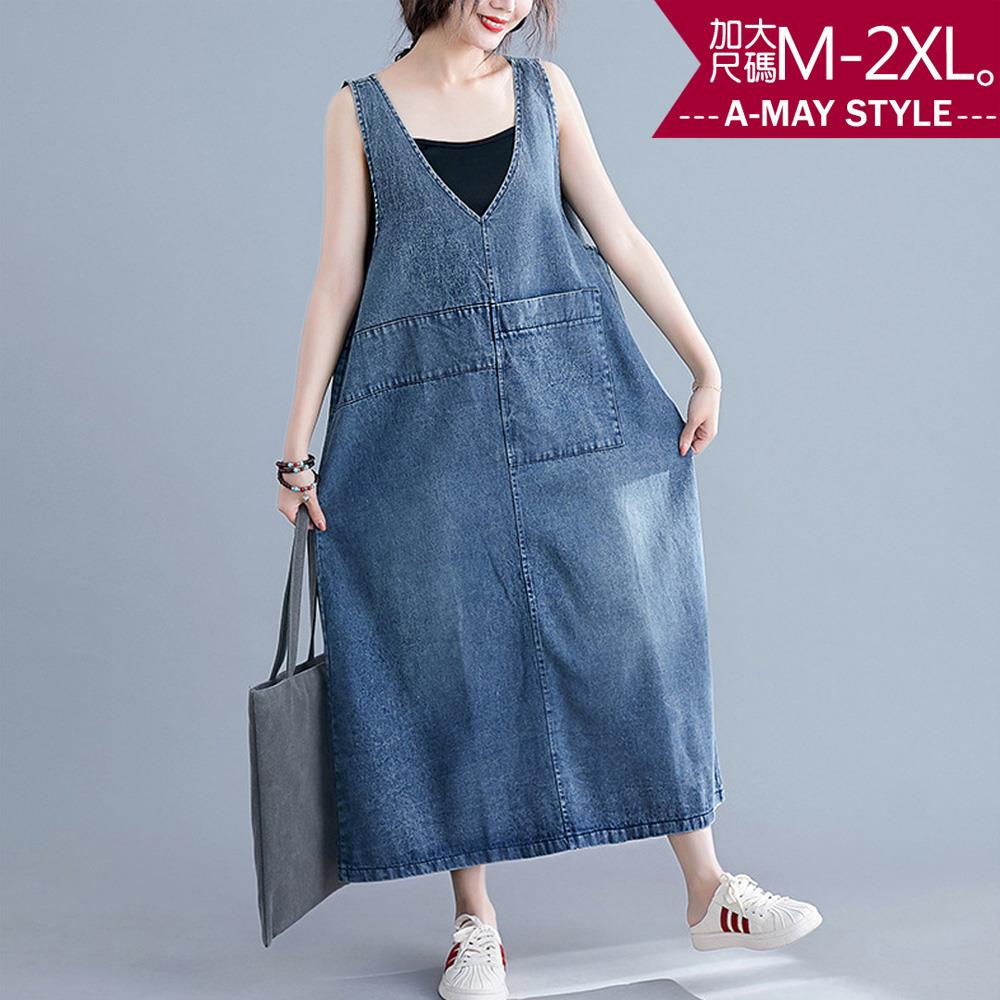 加大碼連身裙-休閒丹寧V領寬鬆吊帶裙(M-2XL)【XAN23547】＊艾美時尚(現 預)