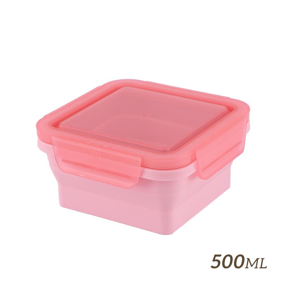【HOUSUXI】正方形矽膠折折盒500ml-櫻粉＜售價已折＞