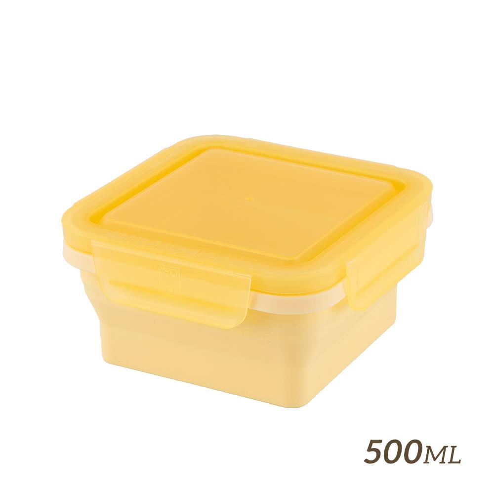 【HOUSUXI】正方形矽膠折折盒500ml-嫩黃＜售價已折＞
