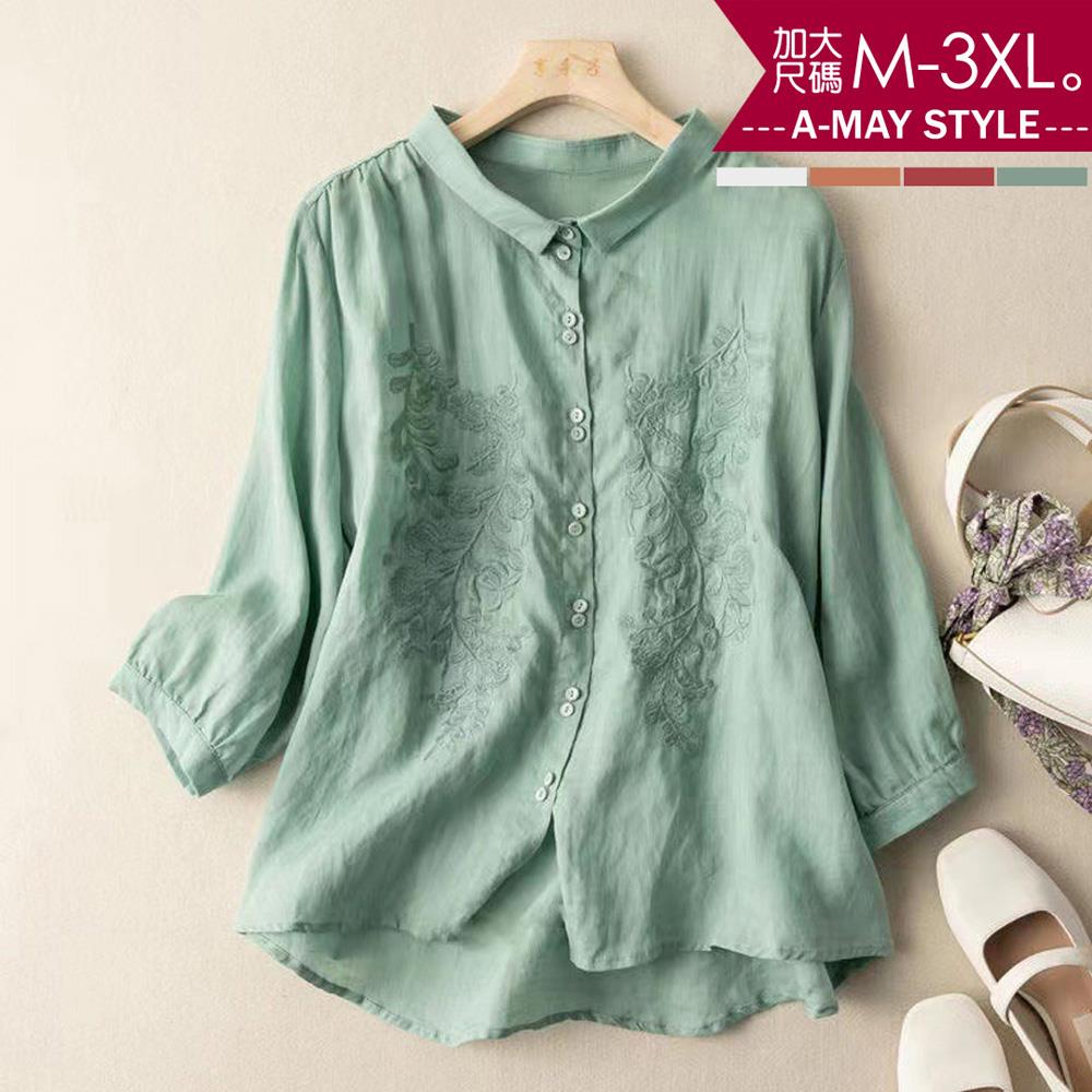 加大碼上衣-文藝刺繡氣質七分袖襯衫(M-3XL)【XC032450】＊艾美時尚(現 預)