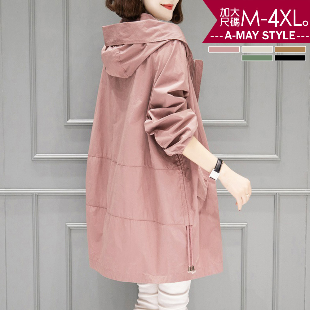 加大碼外套-休閒輕薄連帽抽繩中長版風衣(M-4XL)【XAM966349-1】＊艾美時尚(現 預)