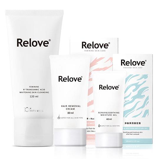 【Relove】瞬淨-Ku溜零毛髮霜80ML+舒緩高效保濕凝露40ML+私密肌R²深層傳明酸淨白潔淨精華凝露 120ML(私密處洗劑)