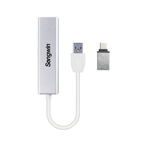 SONGWIN USB轉RJ45網路孔+3孔USB集線器-銀(UEH-101)