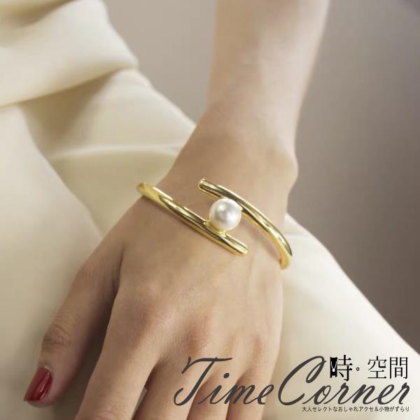 【時空間】理性冷淡風線條造型珍珠手環金色(金色)