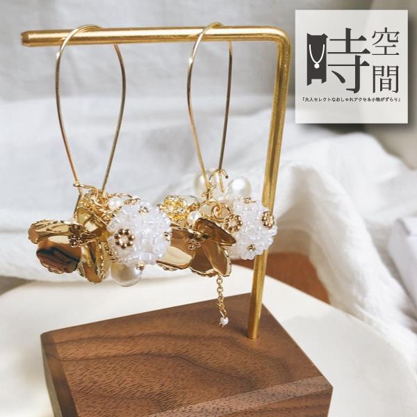 【時空間】華麗金屬質感花瓣造型珍珠耳環(單一款式)