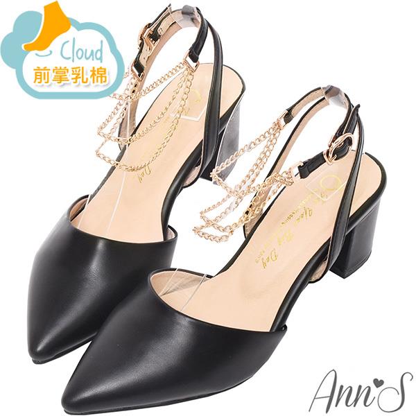 📣結帳最低5折📣Ann’S優雅心動-腳鍊造型金鍊粗跟尖頭鞋5.5cm-黑(版型偏小)