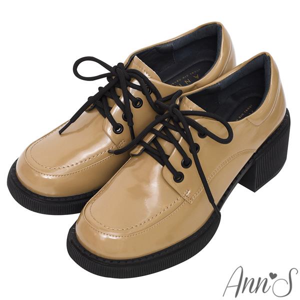 Ann’S小眾變大眾-漆皮綁帶厚底粗跟牛津鞋5cm-杏(版型偏小)