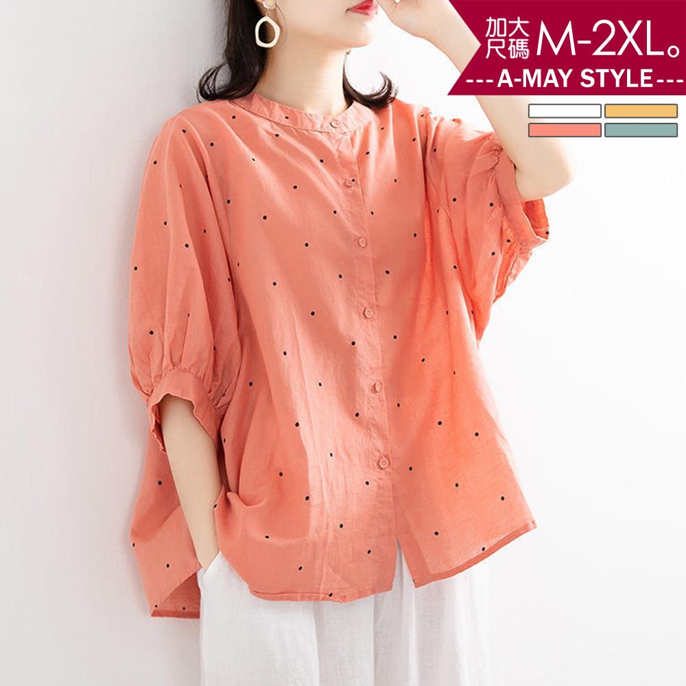 加大碼上衣-日系寬鬆波點棉麻五分袖襯衫(M-2XL)【XCT2021T47】＊艾美時尚(現 預)
