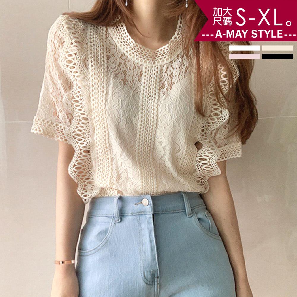 加大碼蕾絲衫-優雅仙氣蕾絲勾花上衣(S-XL)【XSU100725】＊艾美時尚(現 預)