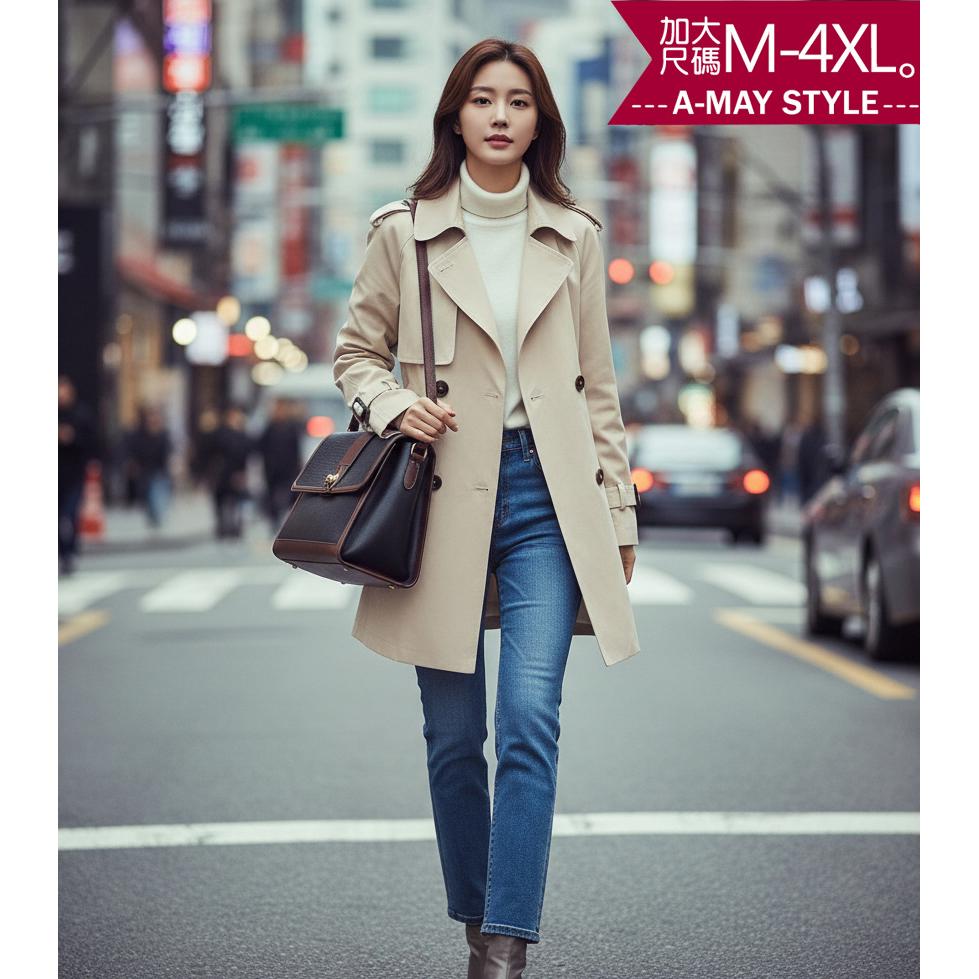 加大碼外套-經典雙扣收腰顯瘦中長版風衣(M-4XL)【XC080679】＊艾美時尚(現 預)
