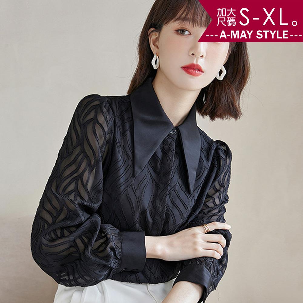 加大碼上衣-法式尖領復古優雅微透感襯衫(S-XL)【XFU186855】＊艾美時尚(現+預)